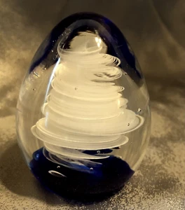 Art Glass Paperweight Cobalt Blue White Swirled Teardrop Signed Russ Berrie  - Picture 1 of 5