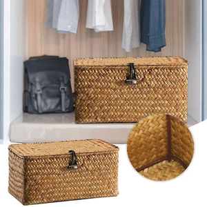 Wicker Storage Basket Straw Woven Rattan Storage Case Laundry Basket With Lid US - Picture 1 of 19