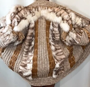 Real Fur Blue Arctic Fox White Grey Vintage Luxury Cardigan Coat Jacket M L FR81 - Picture 1 of 20