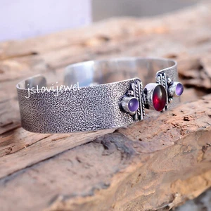 Purple Amethyst & Garnet Gemstone Cuff 925 Sterling Silver Beautiful Work Bangle - Picture 1 of 5