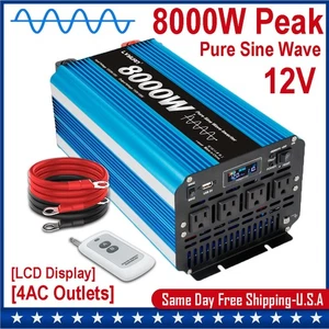 8000W Power Inverter Pure Sine Wave 12V to 110V 4AC 50Hz/60Hz Converter Remote - Picture 1 of 10