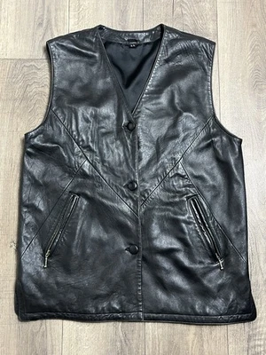 Chaleco de cuero genuino negro C&A vintage para hombre 44” botones en el pecho bolsillos con cremallera motociclista Foto 1 de 4