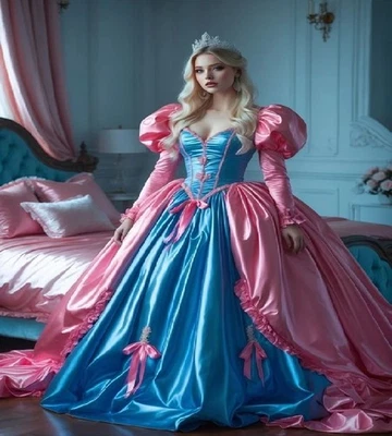 Vestido de formatura rococó rosa e azul Regal com perna de botão manga opulenta agitação  - Imagem 1 de 4