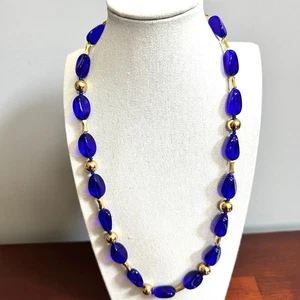 Collana vintage perle vetro oro cobalto lunga retrò bigiotteria costume perline - Foto 1 di 10