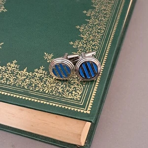 Vintage cufflinks, stainless steel, Round Blue Stripe design LL-196 - Picture 1 of 3