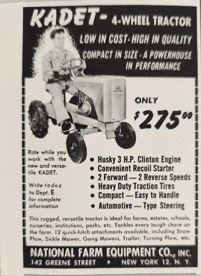 Anuncio impreso Kadet 1955 tractores de 4 ruedas con motor Clinton de 3 HP Nueva York, Nueva York Foto 1 de 1