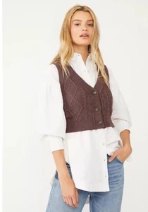 Free People Denson Cable Knit Cropped V-Neck Brown Sweater Vest Anthropologie XS - Picture 1 of 8