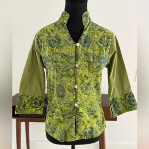 MAGGIE WALT Green Batik 100% Cotton Blouse 3/4 Cuff Sleeves Shell Buttons Boho - Imagen 1 de 15