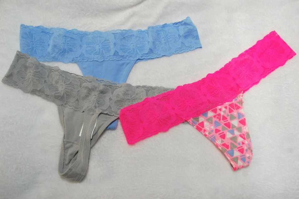 Jr Womens Panties 3 PAIR THONGS Lace Band BLUE GRAY HOT PINK Triangle S / 5 - Image 1 of 1