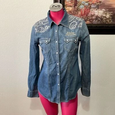 Camisa Harley Davidson Denim Western Paisley Perla Botón a Presión Manga Larga Mediana Foto 1 de 4