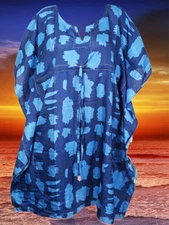 Kaftan For Woman, Midi Caftan Dress Aqua Blue Printed Recycled Silk Kaftan L-4XL