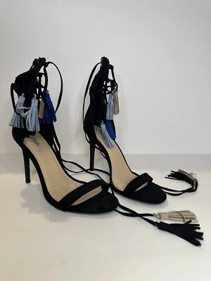 LaceUp Stiletto Heel Sandal Black Suede Sandal 11M Tassel Used Round Women - Image 1 of 4
