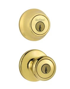 Kwikset 690 Tylo Entry Knob SINGLE Cylinder Deadbolt Combo Pack Polished Brass - Picture 1 of 2