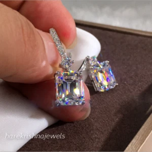 Lab Created 1.54CT Emerald Cut VVS1 Diamond Drop Earrings 14K White Gold Finish - Picture 1 of 5