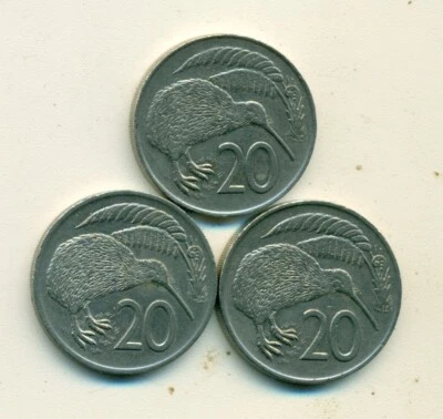 3 MONEDAS DIFERENTES DE 20 CÉNTIMOS con KIWI BIRD de NUEVA ZELANDA (1975, 1976 y 1977) Foto 1 de 2