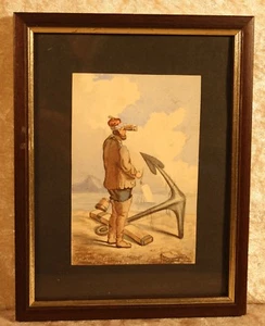 "Fernweh" Seemann schaut aufs Meer, Aquarell 14,5x10,0 cm, Gerahmt 23x18 cm - Bild 1 von 2