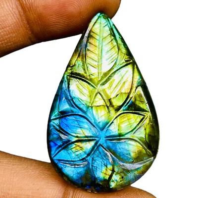 54.00 Cts Natural Carved Labradorit​e 44x27mm Pear Flashy Pendant Size Gemstone - Image 1 of 4