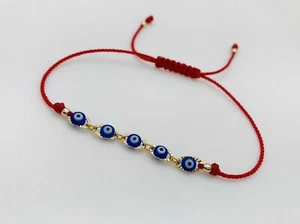 Pulsera Roja Con Ojitos Azules Oro Laminado Blue Evil Eye Bracelet Gold Filled - Picture 1 of 4