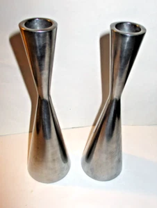 2-Candle Holders Polished Chrome-Tone Aluminum Tapered Cone Shaped Sleek Modern - Picture 1 of 14