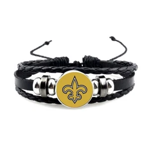 BRAZALETE AJUSTABLE CON CUENTAS DE CUERO NEGRO NEW ORLEANS SAINTS CON CAJA DE REGALO - Imagen 1 de 1