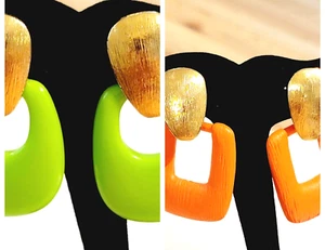 2 MOD Clip On Earrings, Orange Green, Vintage Long Square Hoop DoorKnockers rc39 - Picture 1 of 6