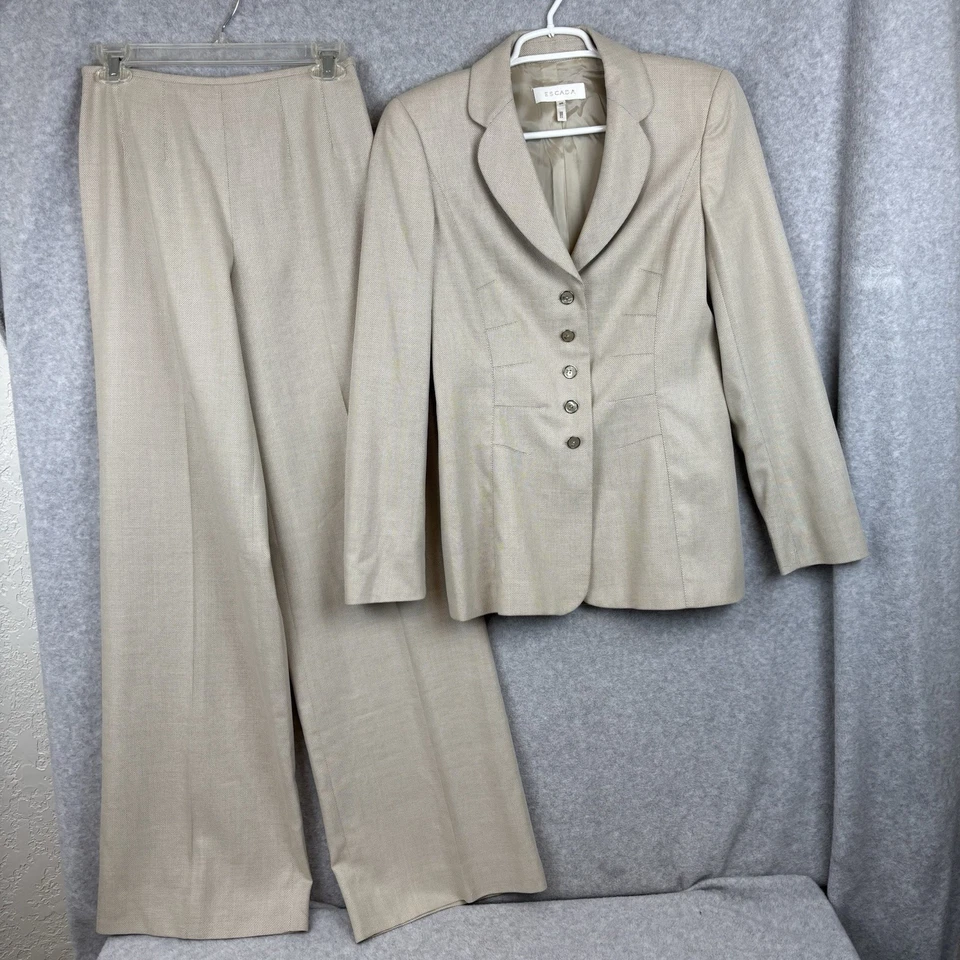 Pantalón Blazer Traje Mujer Escada 2 Piezas Lana Seda Talla 38 Pantalones Talla 34 Caqui Foto 1 de 4