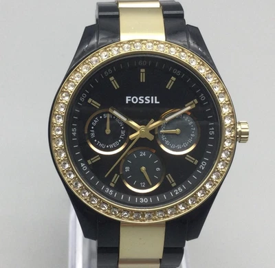 Fossil Stella Watch Womens 37mm Black Gold Tone ES-2823 New Battery 6.75" - Image 1 of 4