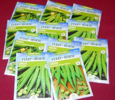 Ferry Morse OKRA 11 paquetes de semillas 3 diferentes esmeraldas, terciopelo verde de Luisiana y #80 Foto 1 de 3