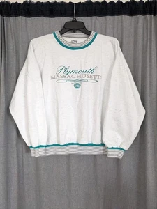 Sportswear Vtg Sweatshirt Unisex L Plymouth Massachusetts New England White Teal - Picture 1 of 7