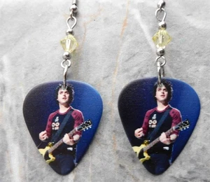 Billie Joe Armstrong Green Day Guitar Pick Earrings with Pale Yellow Swarovskis - Picture 1 of 5