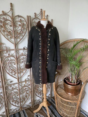 Vintage brown Polish suede fur penny lane 70s afghan jacket coat M L embroidered - Image 1 of 4