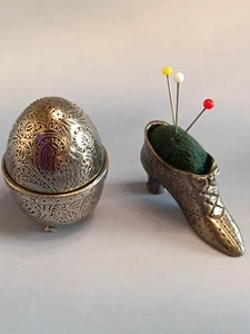 Vintage Pewter Egg & Boot Pin Cushions / Sewing Collectible (2119) - Picture 1 of 12
