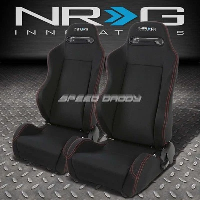 2 X NRG TYPE-R FULLY RECLINABLE RED STITCH RACING SEATS+ADJUSTABLE SLIDER BLACK - Image 1 of 4