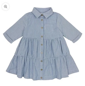 Teela Denim Pinstripe Tiered Dress Girls 12 Button Down Collared Knee Length - Picture 1 of 8