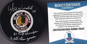 BECKETT AB MCDONALD "61 CUP CHAMPS & 5 ALLSTAR GAMES" SIGNED BLACKHAWKS PUCK 413 - Picture 1 of 3