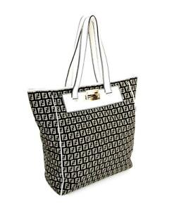 Preowned Auth FENDI Shopper Tote Black White Zucca Canvas Leather handbag