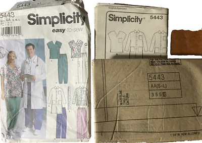 Simplicity 5443 Lab Coat Scrubs Pants Shirt Sz AA S M L Necktie Unisex cut/uncut - Image 1 of 4