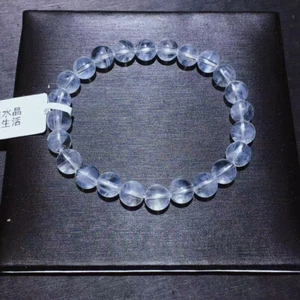 Bracciale Cristallo Quarzo 7,6mm Naturale Trasparente Bianco Blu”Piuma” AAA - Foto 1 di 9