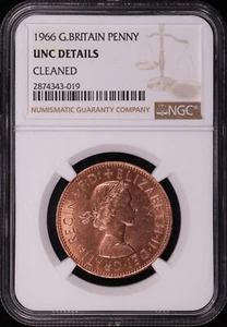 1966 Great Britain Copper Penny KM#897 NGC UNC Details Cleaned - Picture 1 of 2