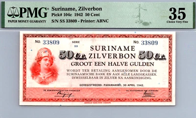 Suriname 50 Cent 1942 PMG 35 CHOICE VERY FINE Pick # 104c - Image 1 of 3