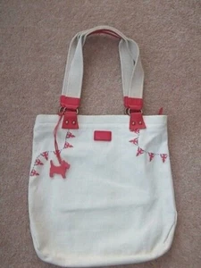 Radley Beige Canvas Unterarm Schultertasche Tragetasche Rot Leder Zierleiste  - Bild 1 von 9