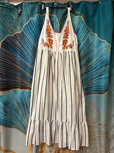 Boho Floral Embroidered Sleeveless Midi XL Navy Striped Dress MELLO DAY Summer - Picture 1 of 23