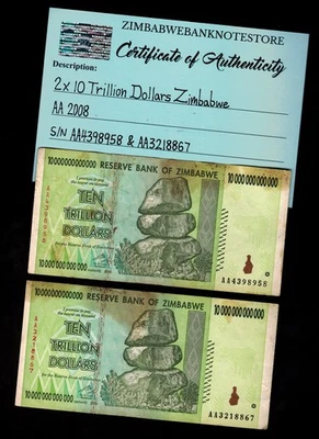 2 x 10 万亿津巴布韦元钞票 AA 2008 正品 AA4398958,AA3218867 — 第 1/3 张图片