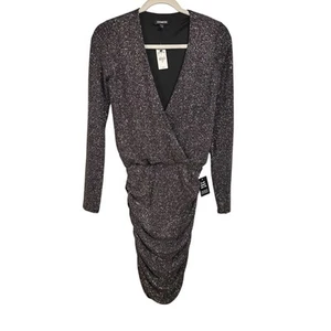 Express Womens Sz XS Black Shimmer Metallic Thread Draped V Neck Dress NWT Party - Picture 1 of 7