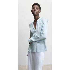 MNG Mango Mandarin Collar Satin Long Sleeve Blouse Womens Size 10 Blue New - Picture 1 of 16
