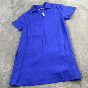 NEW Madewell S 100% Linen Blue V Neck Short Sleeve Midi Dress Pockets - Picture 1 of 12