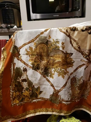 Vtg Silk Scarf 35" Square Fall Leaves Squirrel Pheasant Dog Badger Duck Hunting  - Image 1 of 4