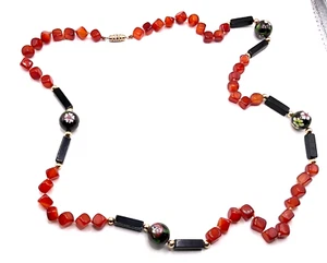 Vintage Necklace w/Carnelian Beads, Onyx Beads & Enameled Beads - Picture 1 of 2