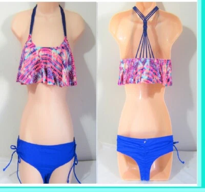 Victoria Secret Pink KNOTTED FLOUNCE RUFFLE CROP TOP BIKINI SWIM SUIT SET S M MS - Image 1 of 4