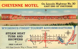 WYOMING, CHEYENNE MOTEL AM STRASSENRAND - GETEILTE ANSICHT ALTE LEINEN-POSTKARTE - Bild 1 von 2